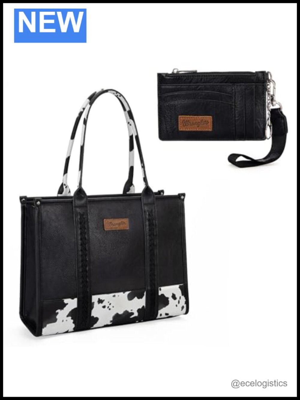 Wrangler Cow Print Faux Leather Tote Handbag with Card Holder Wallet Set